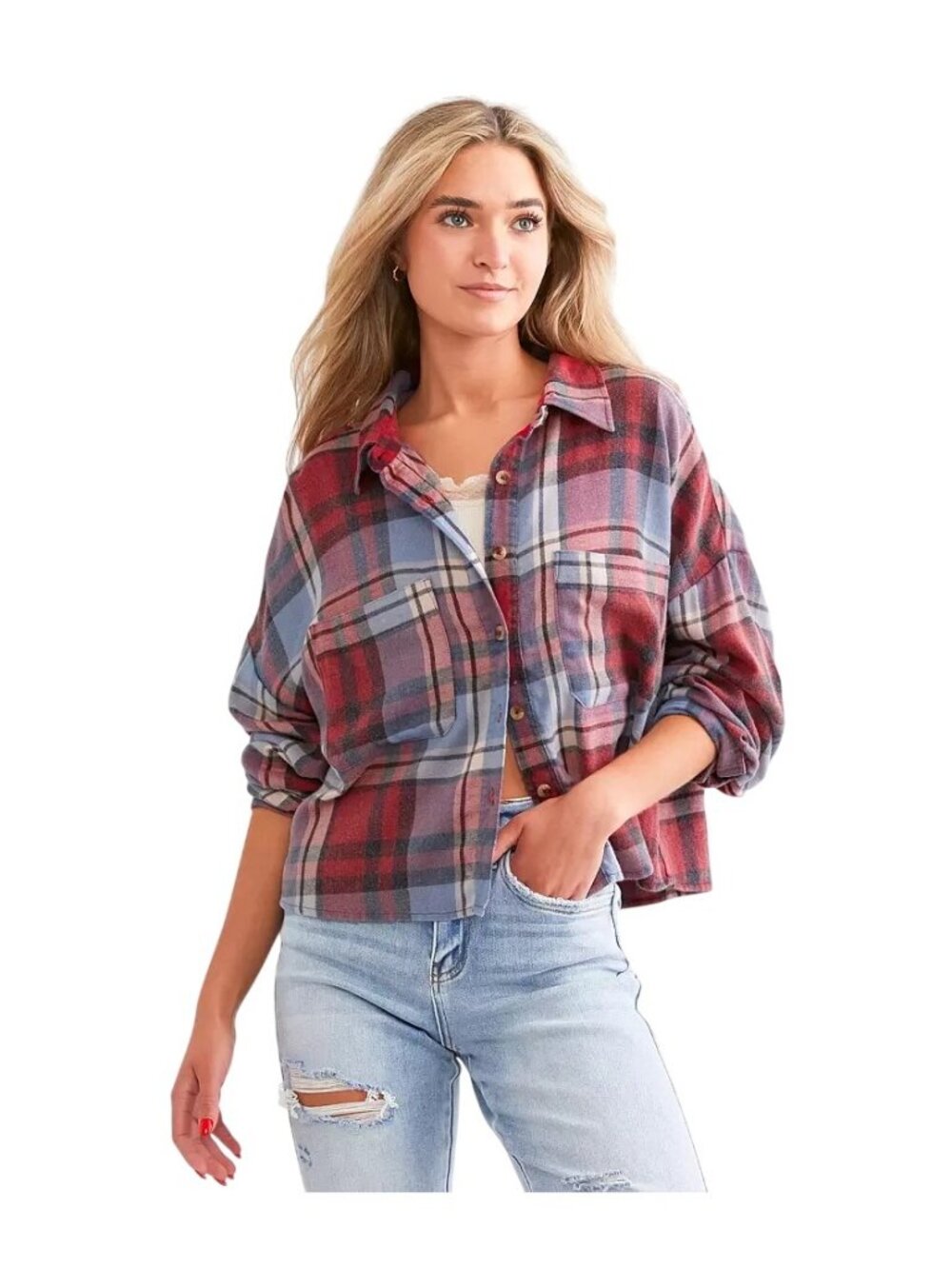 Modish Rebel Boyfriend Shirt Medium Cropped Plaid Flannel Button Up Red Preppy